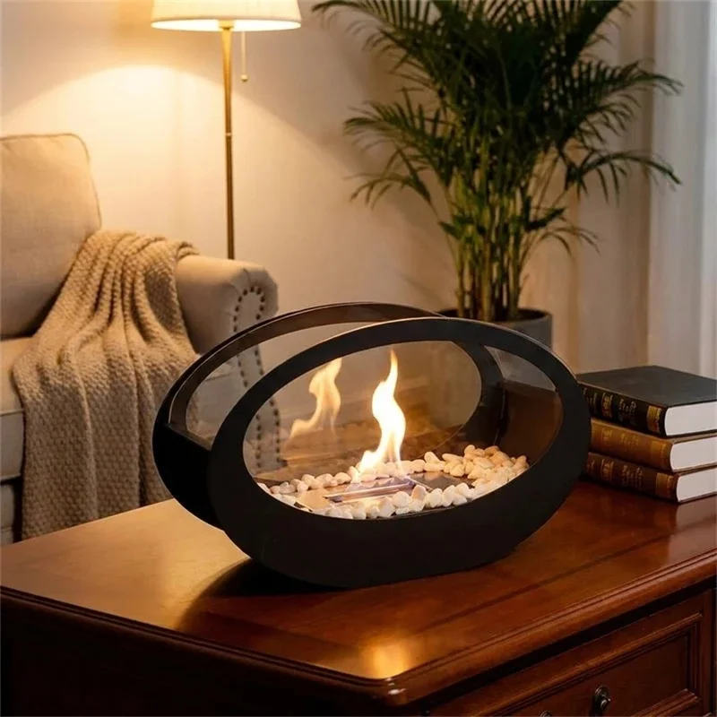 Nordic Glass Real Flame Chimeneas Designer Interior Decoration Garden Heating and Fire-viewing Fireplace Home Oval Iron Heater