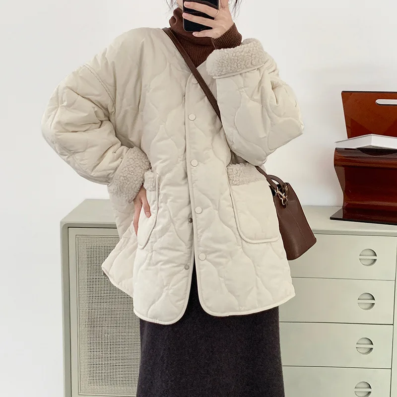 

Taochuan Lamb Fur Collar round Ne Spliced Cotton Jaet Women's Casual Sle Warm Core Versatile Knitted Cotton Coat