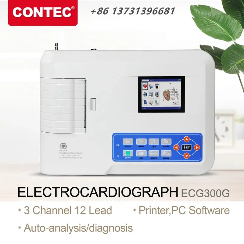 CONTEC ECG300G Digital 3 Channel 12 Leads ECG/EKG Machine Human or Veterinary Use Electrocardiograph