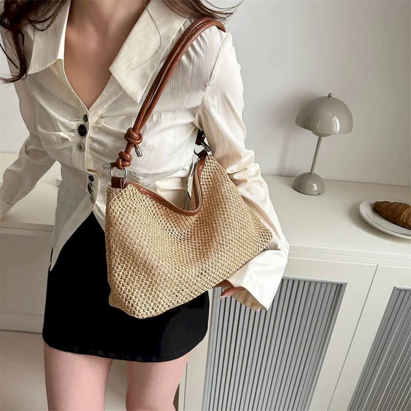 

Сумки-тоут для женщин, корейский стиль, универсальные, модные, трендовые, однотонные студенческие сумки для покупок, тканые пляжные сумки для отпуска, дизайн