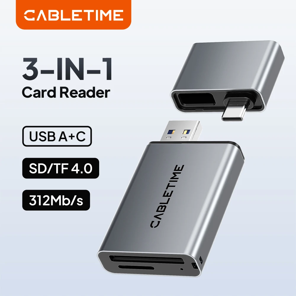 CABLETIME Card Reader 3 in 1 SD4.0 5Gbps 312MB/s USB A & USB C Aluminum Alloy SD/TF Card Adapter for Laptop Phone Macbook