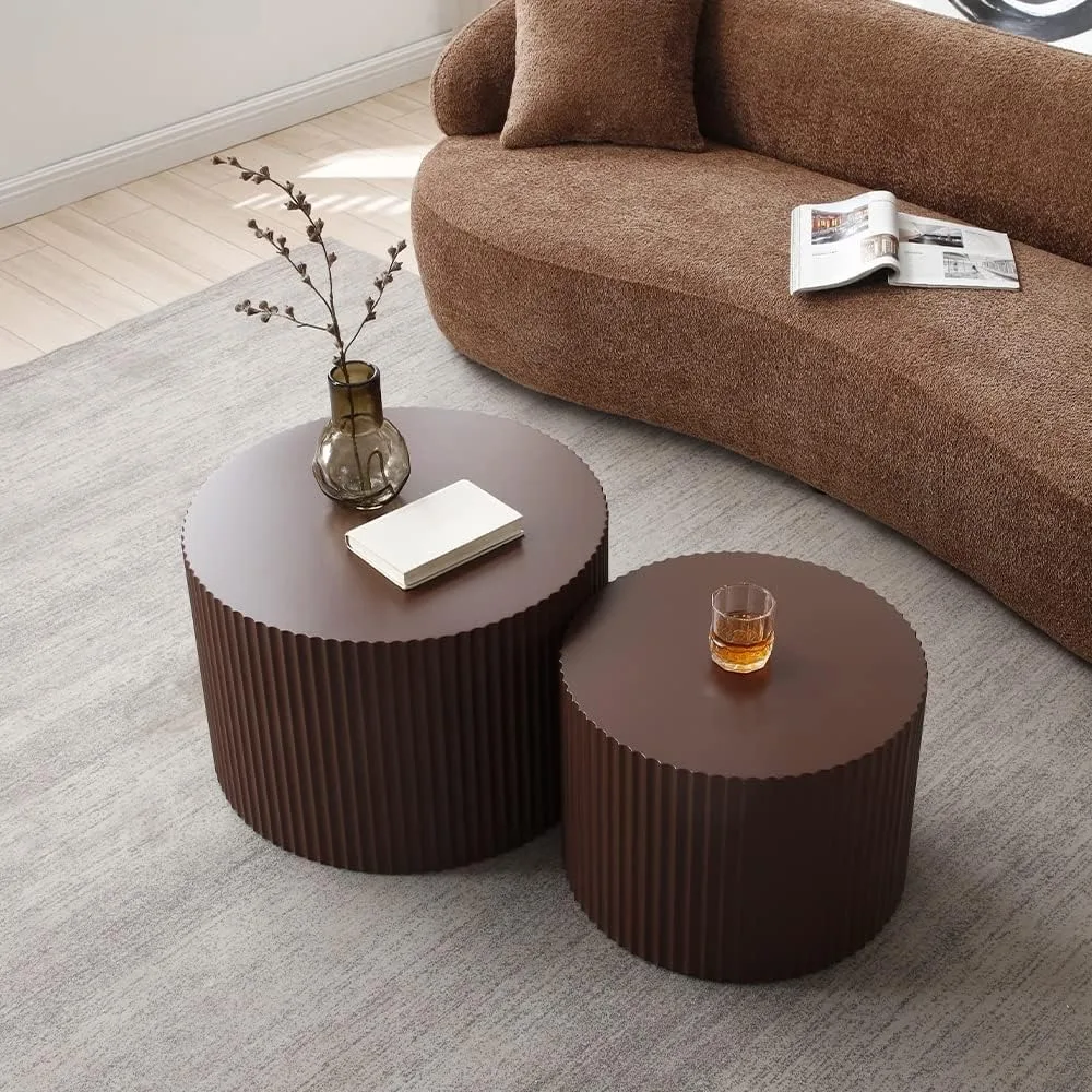 طقم طاولة قهوة متداخلة خشبية بنية حديثة، مكون من قطعتين طاولات جانبية مستديرة فاخرة لهجات غرفة المعيشة #3