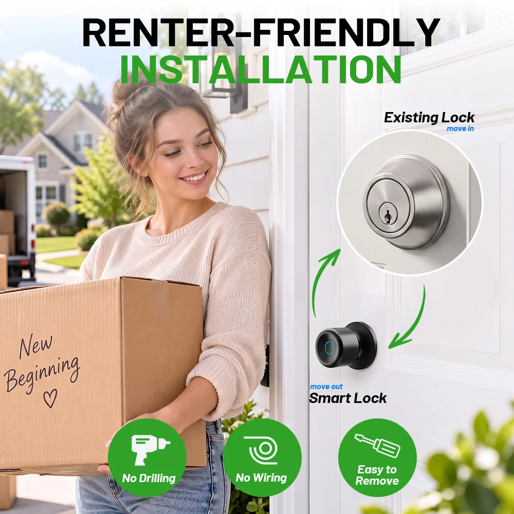 YFK Smart Door Lock Knob Fingerprint Unlock Keyless Entry Tuya App Control Matte Black Front Door Bedroom Home Security
