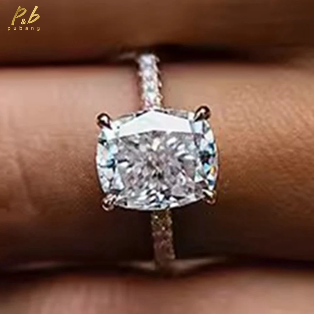 

PuBang Cushion Cut Moissanite Ring 18k Rose Gold 4 Carat 10x8mm Crushed Ice Center Rings For Women Luxury Jewelry Wedding Gifts