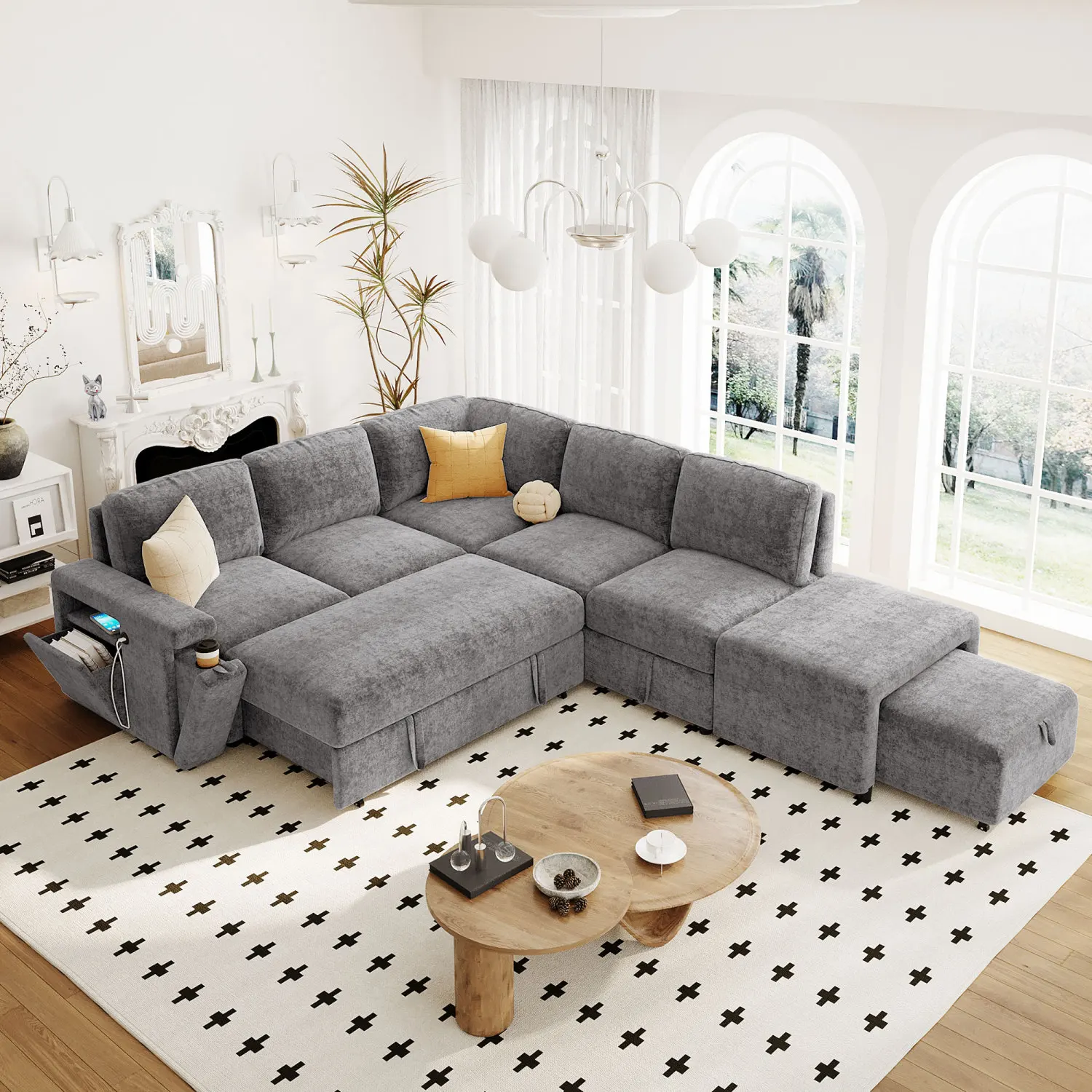 

L-shaped Padded Modular Sofa with Storage Space, USB Ports, Cup Holders - Ideal for Living Rooms, Offices, Apartments