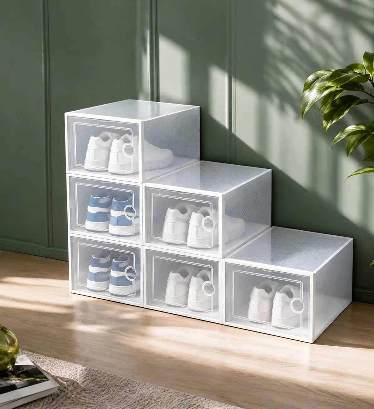 6/12/24pcs Stackable Shoe Storage Boxes, Clear Plastic Shoe Organizer, Dustproof & Foldable Shoe Containers For Sneakers/Heels, White/Black SH260622154100402481881