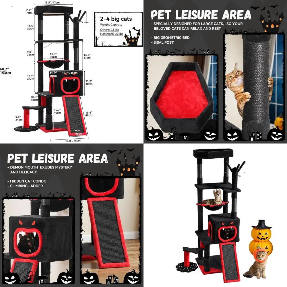 

Halloween Gothic Cat Tower: 60in Tall, Coffin Bed, Perch, Condos, Spider Toys, Basket & Scratching Ladder for Large Cats & Kitte