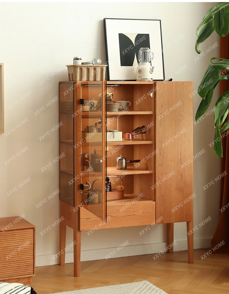 

R All Solid Wood Cherry Wood Dining Side Cabinet Glass Door Black Walnut Storage Wine Cabinet Light Luxury Cabinet