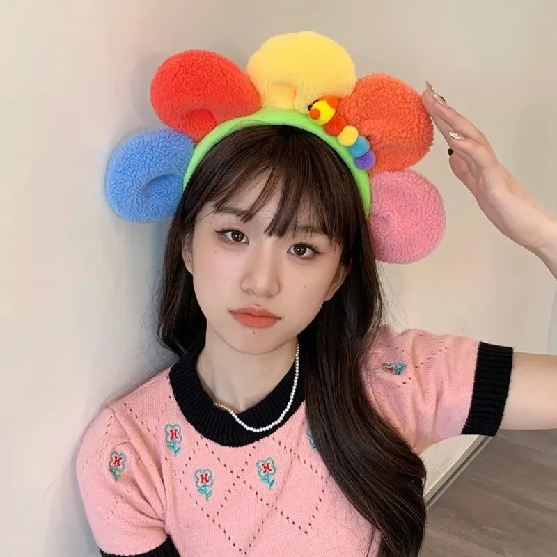 New Colorful Cartoon Cute Sunflower Plush Hairband Make Up Wash Hair Hoop for Women Girls Headband Plush Female Hair Accessories