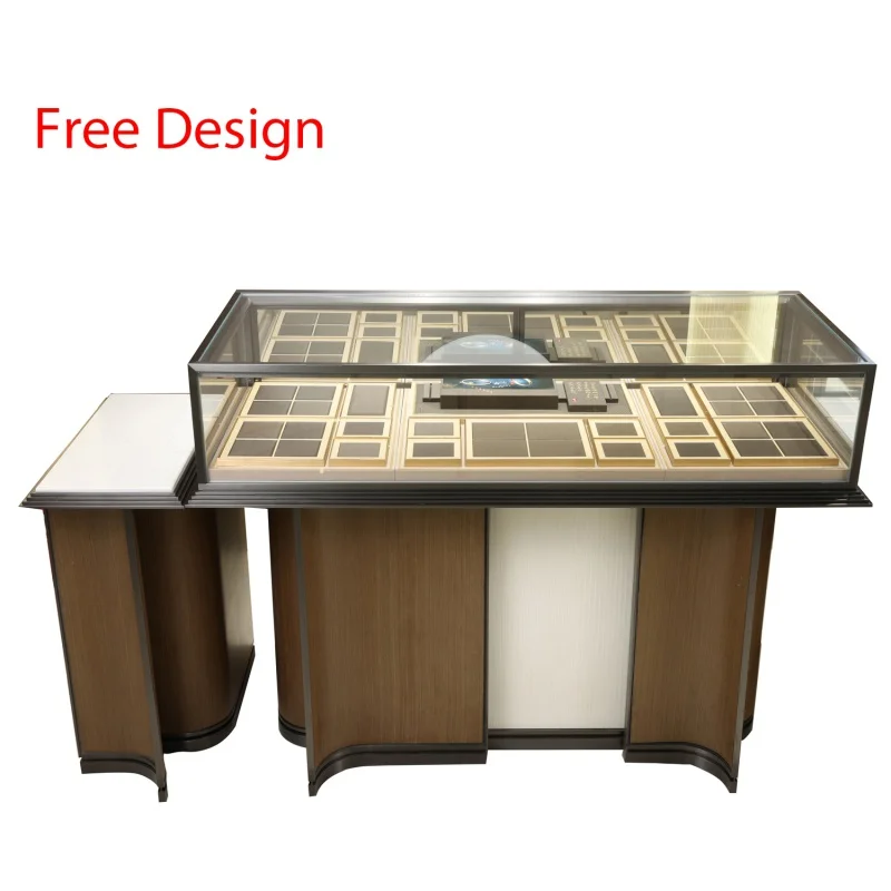 

custom.Custom Commercial High Level Stainless Steel Glass Cabinet Jewelry Display Table Showcase Wooden With Lights