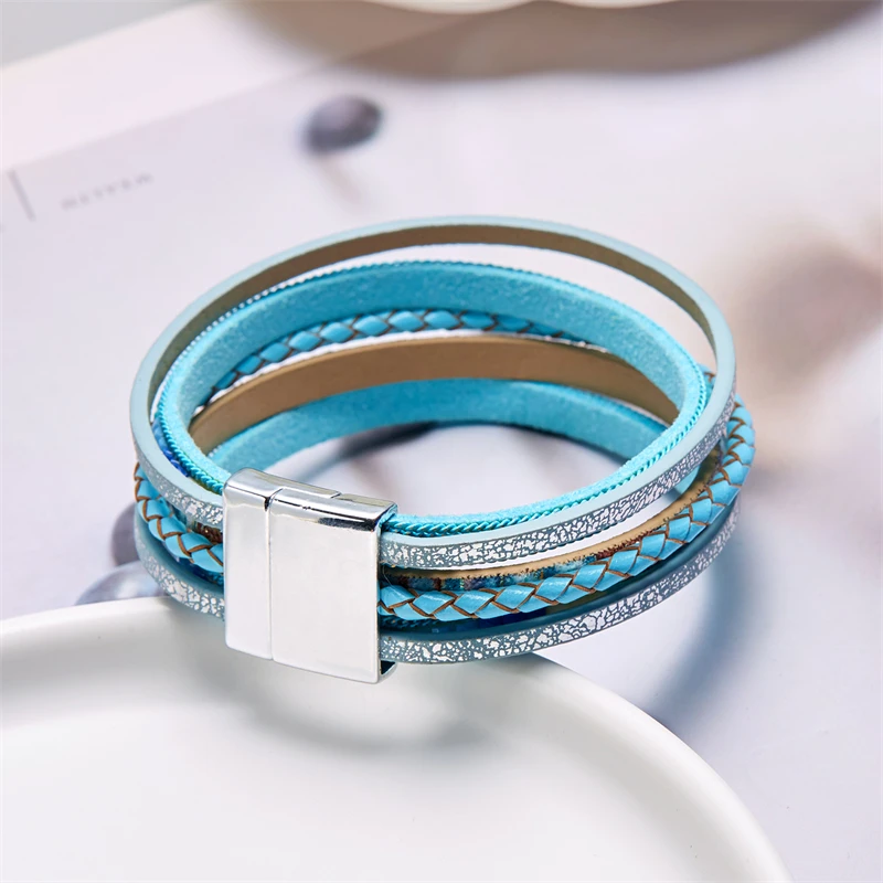 Böhmische Vintage mehr schicht ige Leder armbänder für Frauen hand gefertigte gewebte Leder breite Magnet verschluss Herren Armreif Modeschmuck – Detail 25