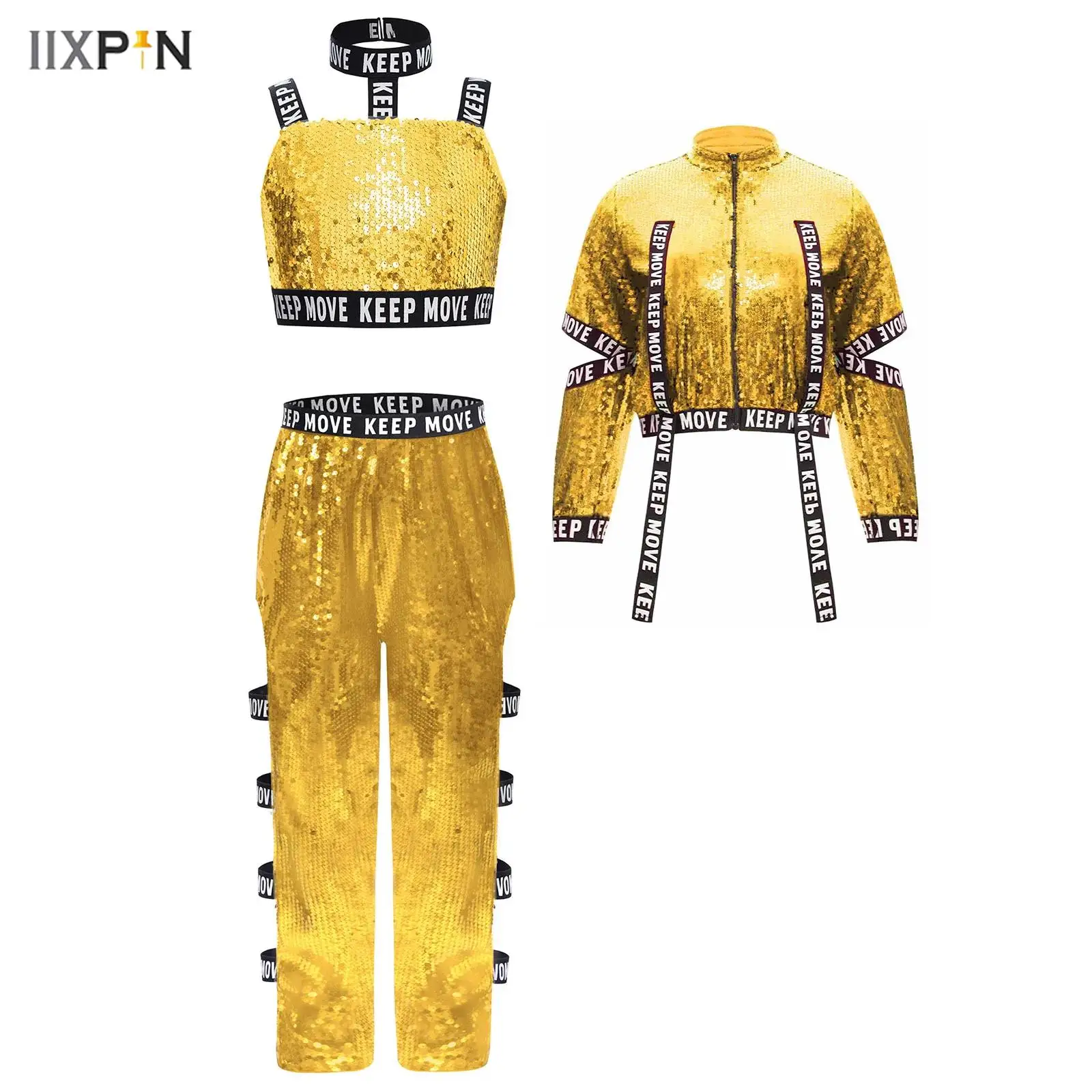 

3Pcs/Set Kids Girls Hip-Hop Jazz Dance Costume Glittery Sequins Vest Top+Long Sleeves Letter Printed Elastic Bands Jacket+Pants
