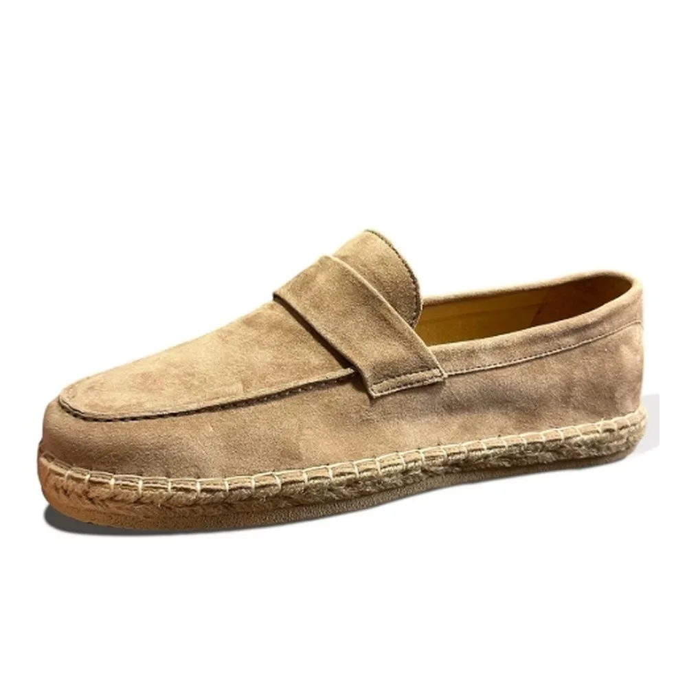Men's Khaki Suede Slip‑on Loafers, Woven Rope Espadrille Sole, Soft Upper, Daily Casual Walking Shoes