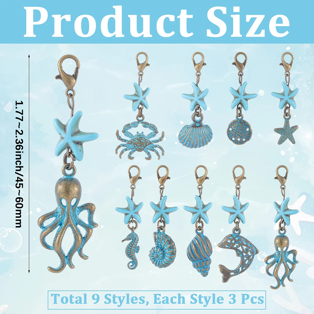 27Pcs 9 Styles Sea Animal Charms Bronze Turquoise Color Alloy Lobster Claw Clasps Pendant Set Ocean Theme Vintage Summer Charm