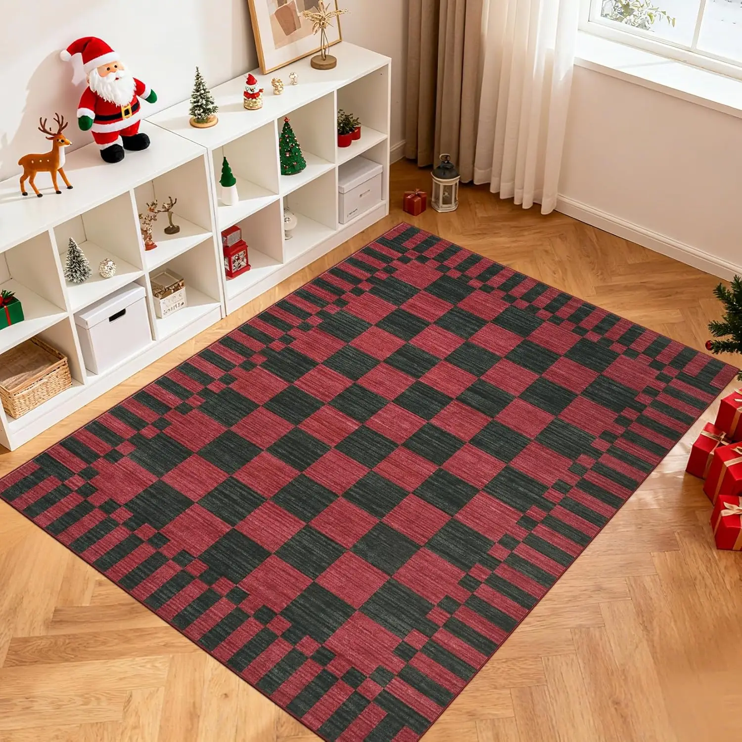 

Christmas Rugs Red and Black Holiday Carpet,Washable Checkered Rug Entryway,Non Slip Soft Low-Pile Modern Farmhouse Geometric