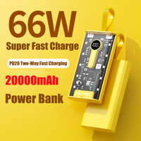 20000mAh Transparent Power Bank with Cable 66W Super Fast Charge Portable Phone Charger External Battery Pack Auxiliary Battery