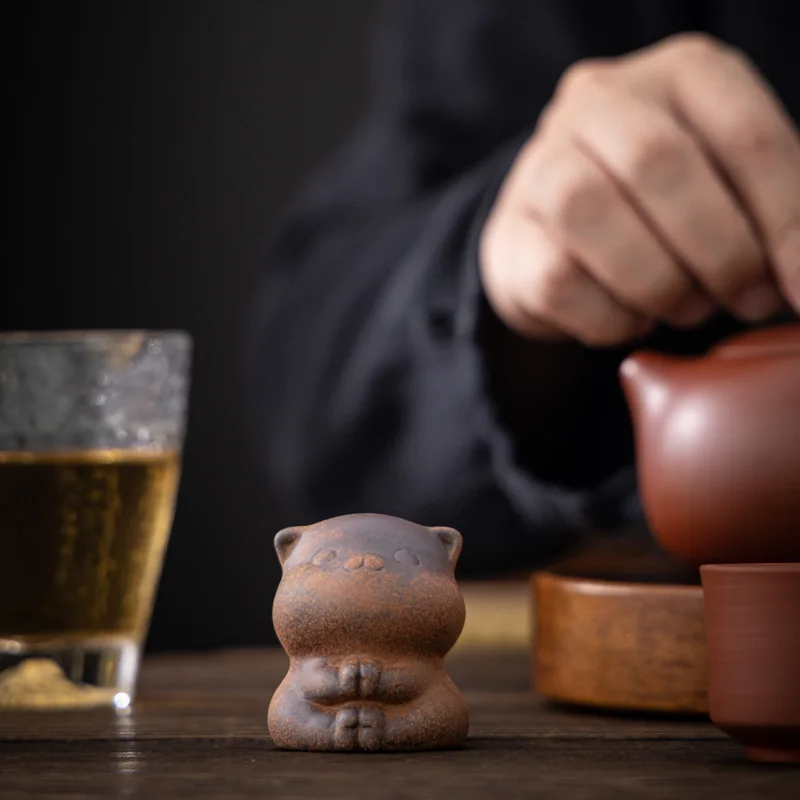 Figurine de tortue en grès vieilli, motif chat divin, avec support de couvercle, pour cérémonie du thé Gongfu, décoration de bureau et maison, objet de collection, cadeau