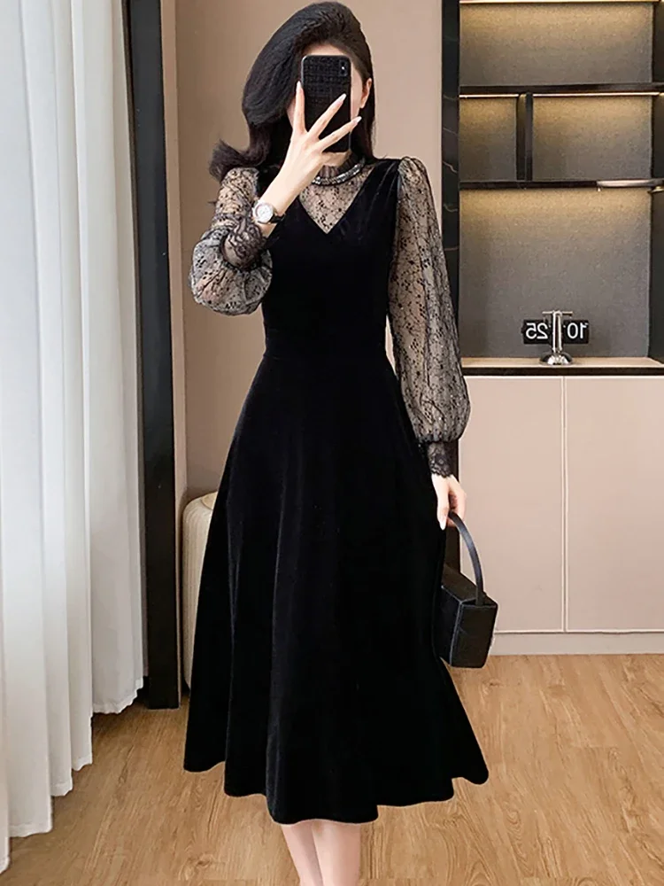 Koreańska sukienka damska Vintage Luxury Eveing Dress Autumn Winter Black Velvet Patchwork Mesh Sheer Dress 2024 Elegancka sukienka imprezowa Bodycon