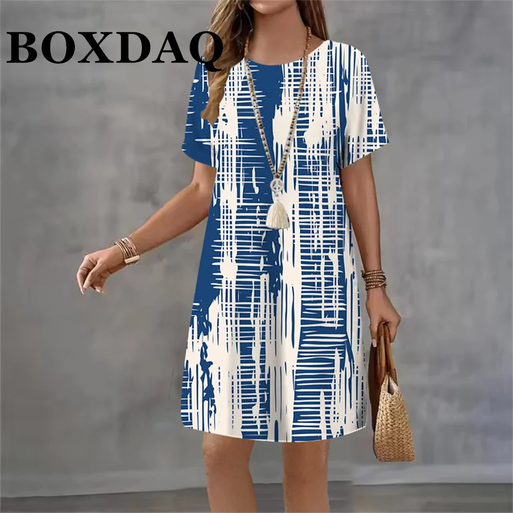 

2026 Винтажные женские платья в полоску с 3D принтом тай-дай, элегантные повседневные платья с короткими рукавами, свободные модные летние женские платья