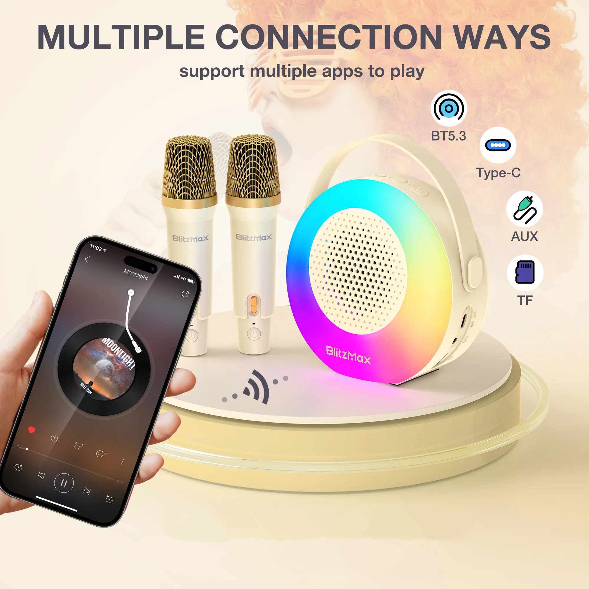 آلة BliztWolf-Karaoke مع 2 ميكروفون ، BlitzMax لاسلكي ، كاريوكي بلوتوث صغير محمول ، مكبر صوت للغناء للأطفال والكبار