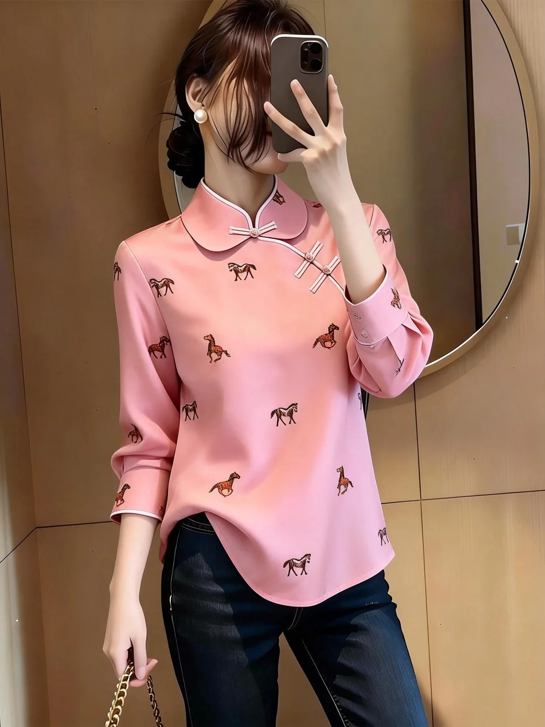 

Spring 2026 New Pink Long Sleeve Embroidered Design Women's Shirt Doll Collar Luxury Style Age-Defying Top Commute Fashion