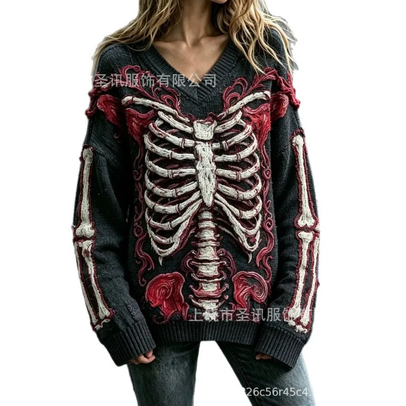 Pullover V Neck Hat Regular Length Individual Street with 3D Print Autumn No Hood Loose 3D Pattern Long Sleeve T Shirt for Women