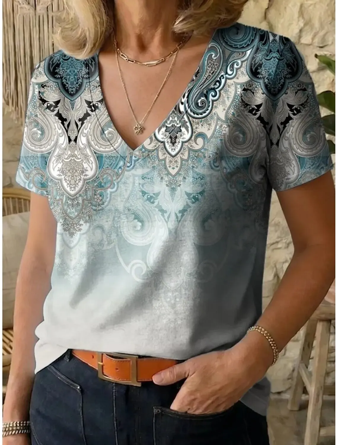 Women's Vintage Stylish Casual V Neck Short Sleeve T-Shirt Floral Plants Graphic Print Regular Fit Daily Weekend Top for Summer