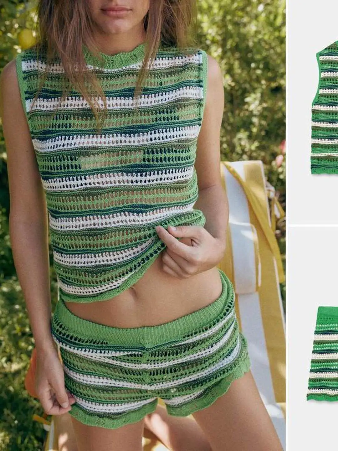 Summer Stripe Texture Knitted Top And Shorts Set Women's Fashion Ensemble Elastic Waist Shorts Striped Pattern Polyester Fiber