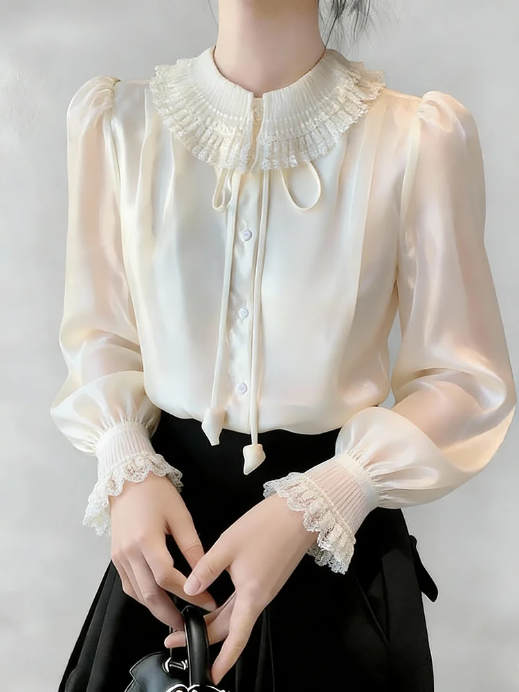 

Элегантная роскошная женская рубашка с воротником-стойкой и длинными рукавами-фонариками, весенняя, уникальный дизайн, красивая, стройнящая, невероятно эффектная.