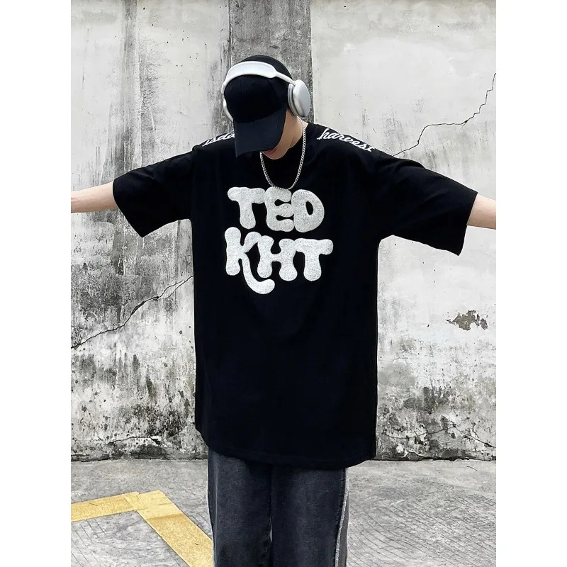 hiphop original short-sleeved T-shirt for men 2023 summer national fashion brand street flocking letter loose half-sleeved shirt