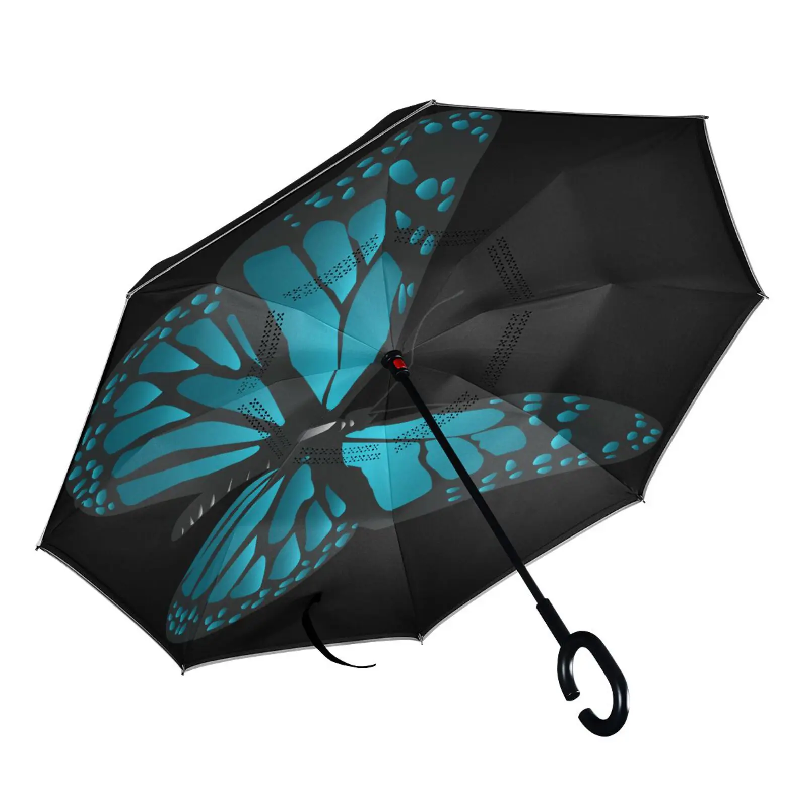 

Black Butterfly ManualReverse Umbrella Long Shank Double Layer Inverted Umbrella With C Handle Rain Umbrella