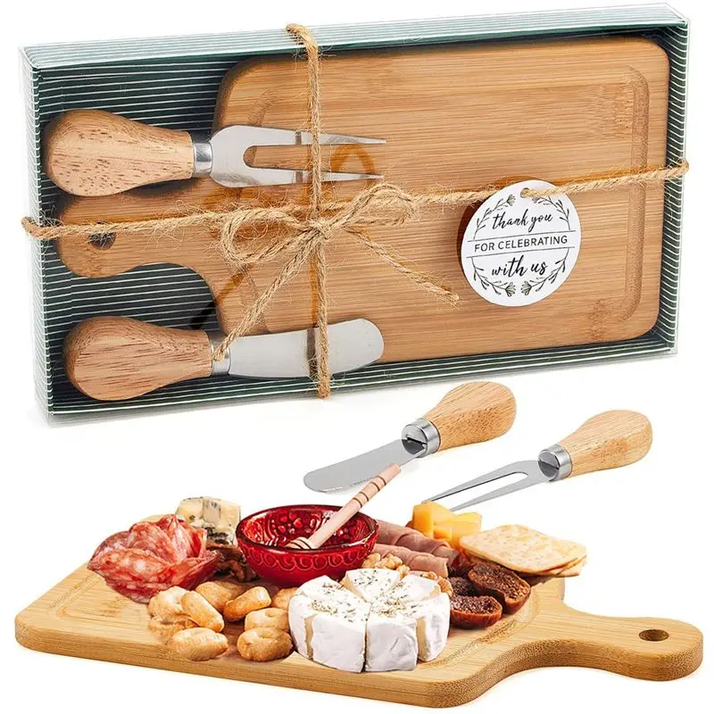 Housewarming Gift- Bamboo Cheese Board Set Including Knives, Forks& Thank You Tags-Ideal For Bridal Baby Shower Parties Top-Rate