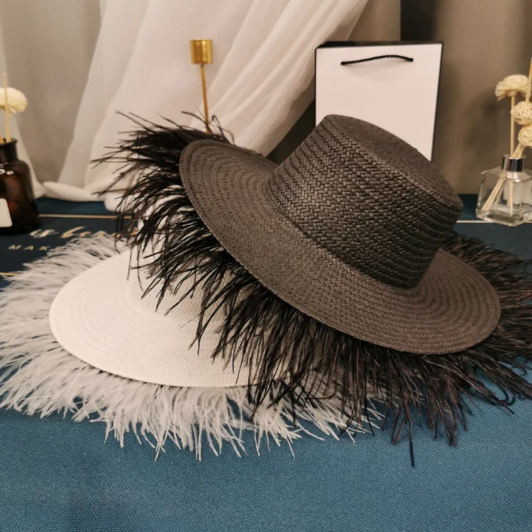 Vintage socialite feather flat top straw hat temperament goddess tassel big eaves hat hat all-match sun block hat summer