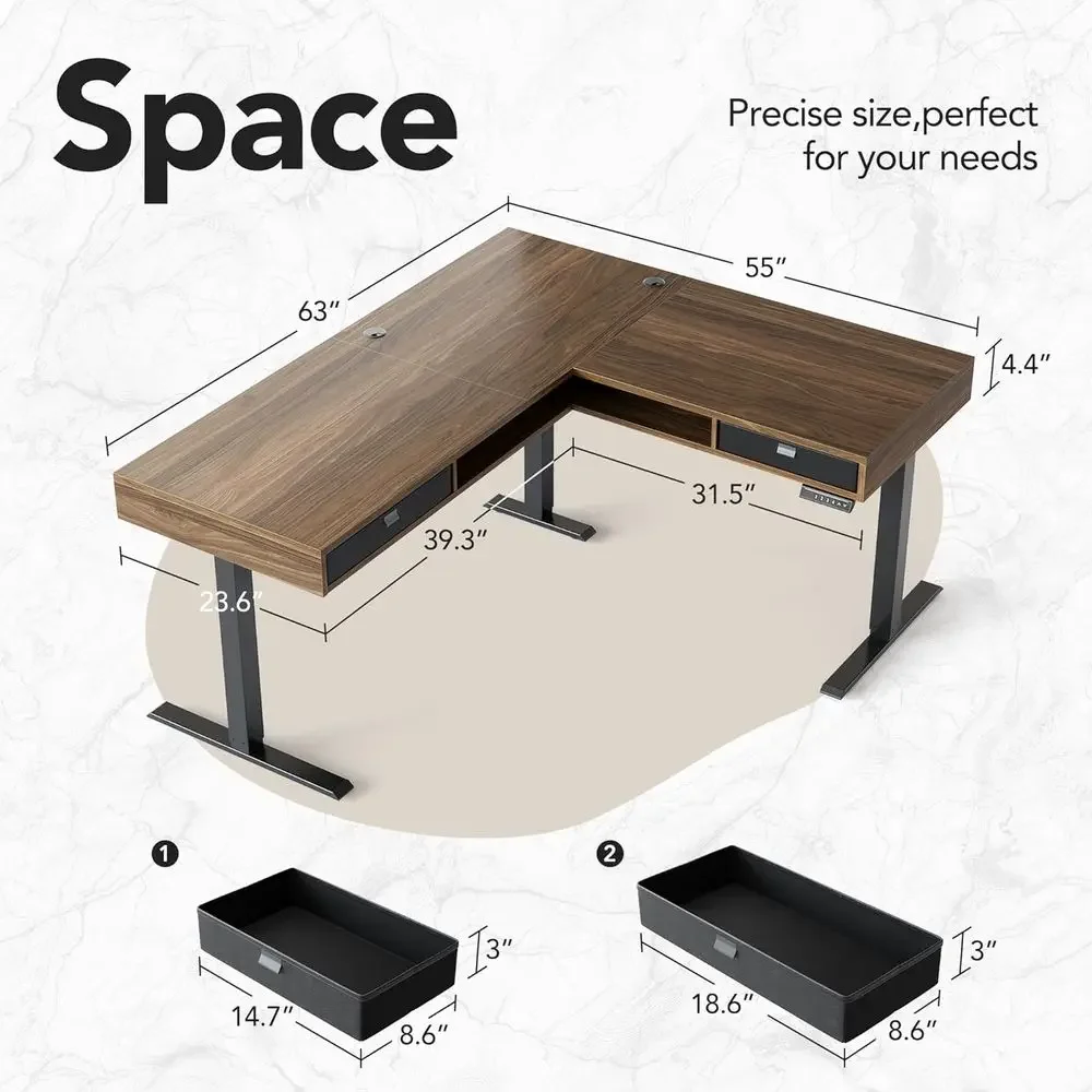 63x55 L-Shaped Electric Standing Desk with 2 Drawers, Open Storage, Power Strip and Cable Management, Walnut