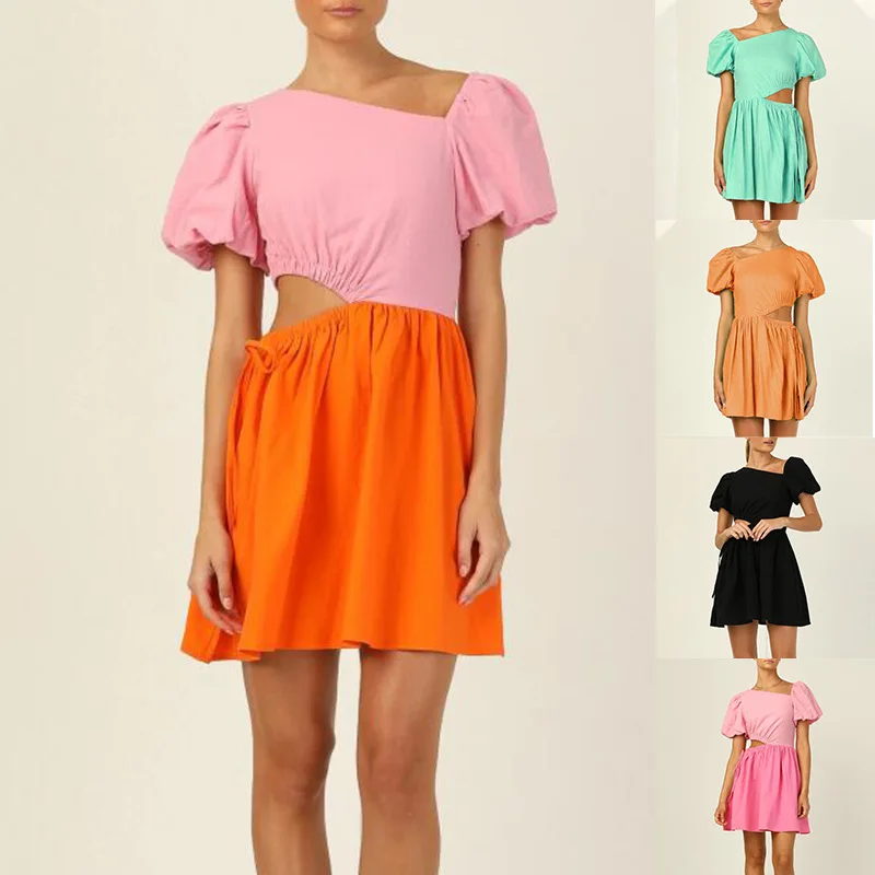 

Summer Bubble Sleeve Solid Color Hollow Short Sleeve Off Waist Dress Women