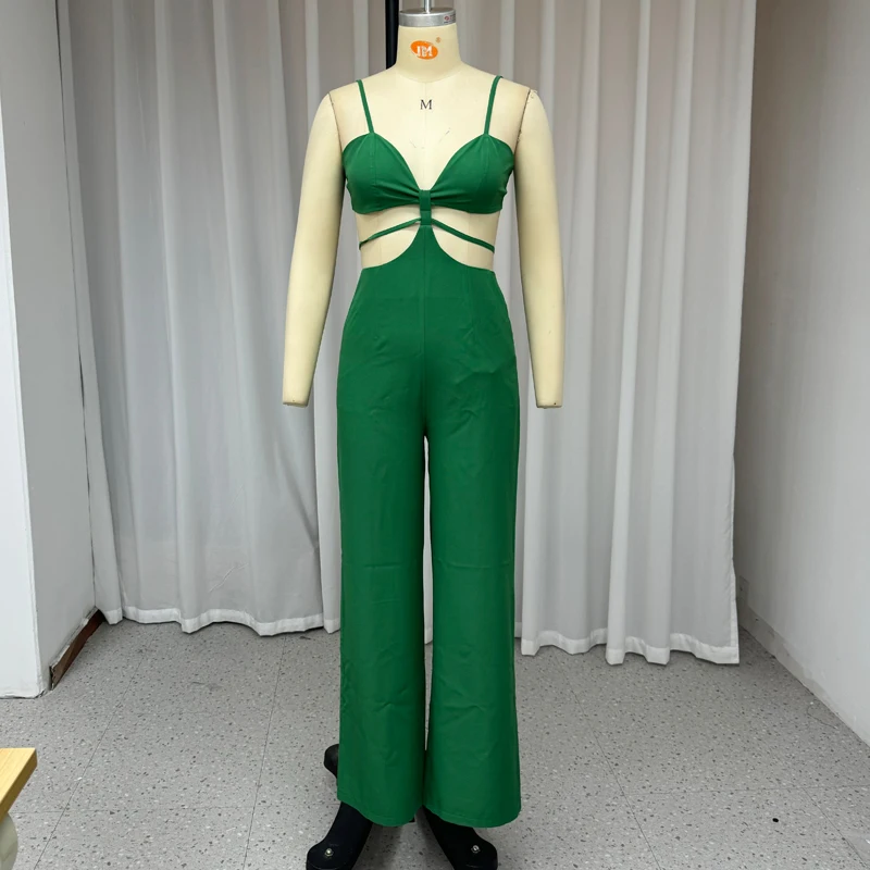 Wefads Vrouwen Jumpsuit Zomer Casual Effen V-Hals Mouwloze Jarretel Slanke Rugloze Strappy Holle Veters Broek Jumpsuit
