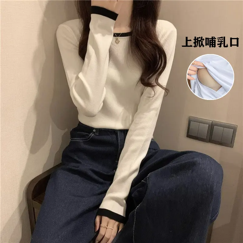 

100% Cotton Nursing Tees for Maternity Autumn Winter Postpartum Slim Fit Breastfeeding T-shirts Youth Pregnancy Long Sleeve Tops