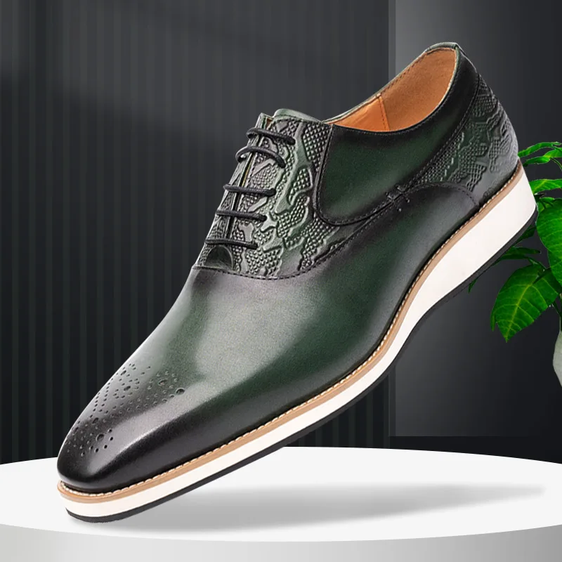 

Men's Casual Oxford Shoes Stylish Lace-up Green Smooth Textured Cow Genuine Leather Features Toe Heel Rubber Eva Sole 2023 New