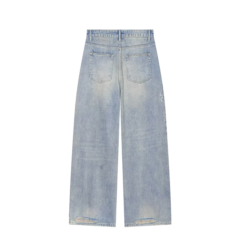 YENKYE Women Ripped Rivet Decorated Distressed Wide Leg Jeans High Waist Loose Straight Baggy Denim Pants Streetwear Trousers