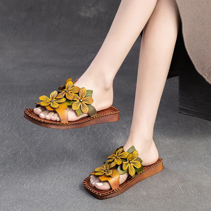 Koznoy 2cm Sandas Genuine Leather Women Slippers Rubber Peep Toe Flower Ankle Flats Breathable Boots Comfy Summer Oxfords Shoes