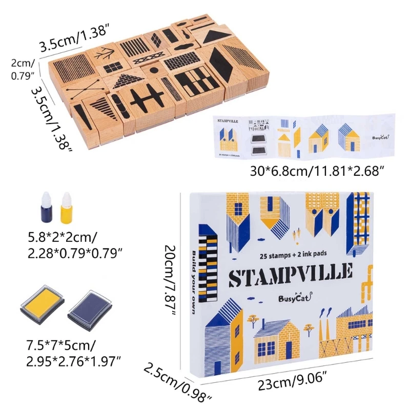 Sello de patrón geométrico de madera para niños, 25 piezas, 2 almohadillas de tinta, juguetes educativos para aprender a pintar, juguete para entrenar el cerebro