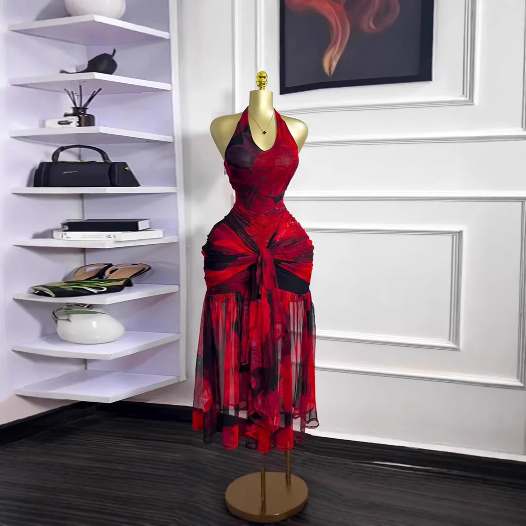 

Летнее платье 2026 года с вырезом халтер, облегающее, сексуальное, элегантное, с принтом, без спинки, длинное. Летнее платье 2026 года, платье-рубашка, женское.