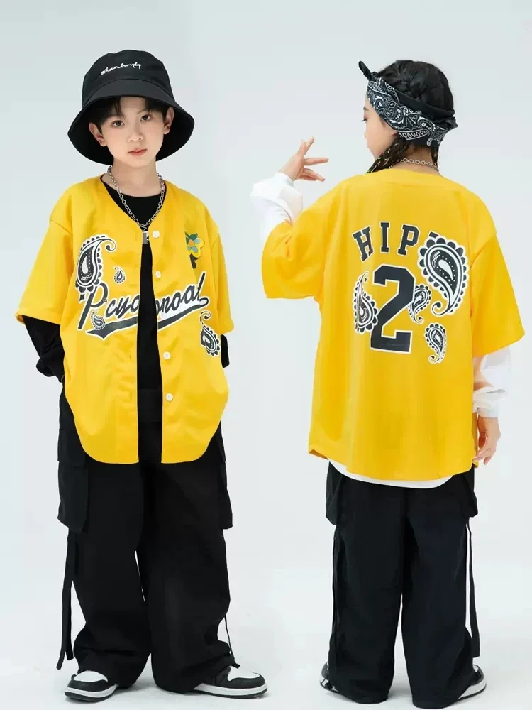 Hip hop streetwear meninas jazz dança traje camisa amarela solta calças de carga kpop outfit meninos dança rua prática wear ys4569