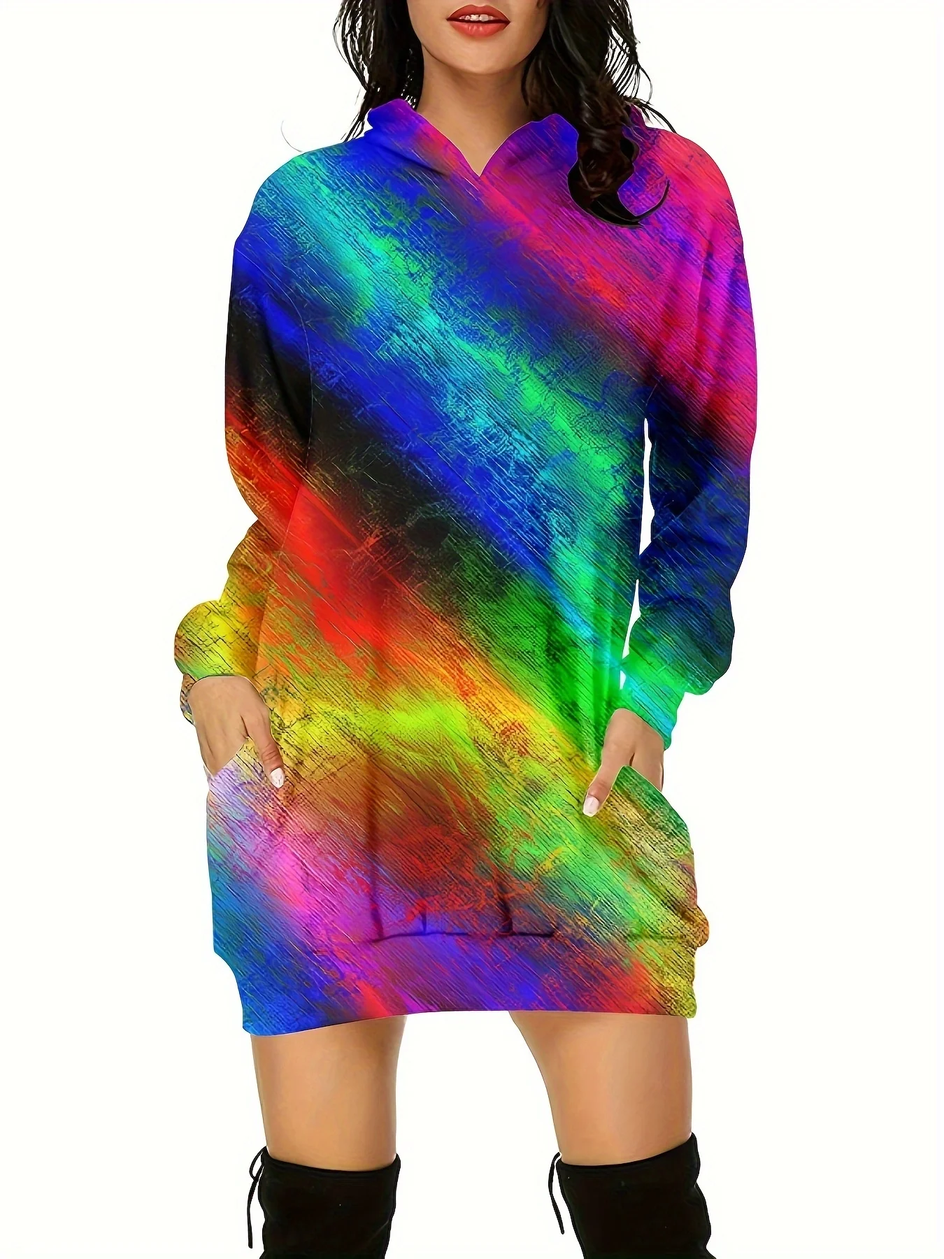 Women's Colorful 3D Pattern Printed Hooded Plus Size Dress, Popular Spring And Autumn Fashionable Figure-shaping Long-sleeved Dr