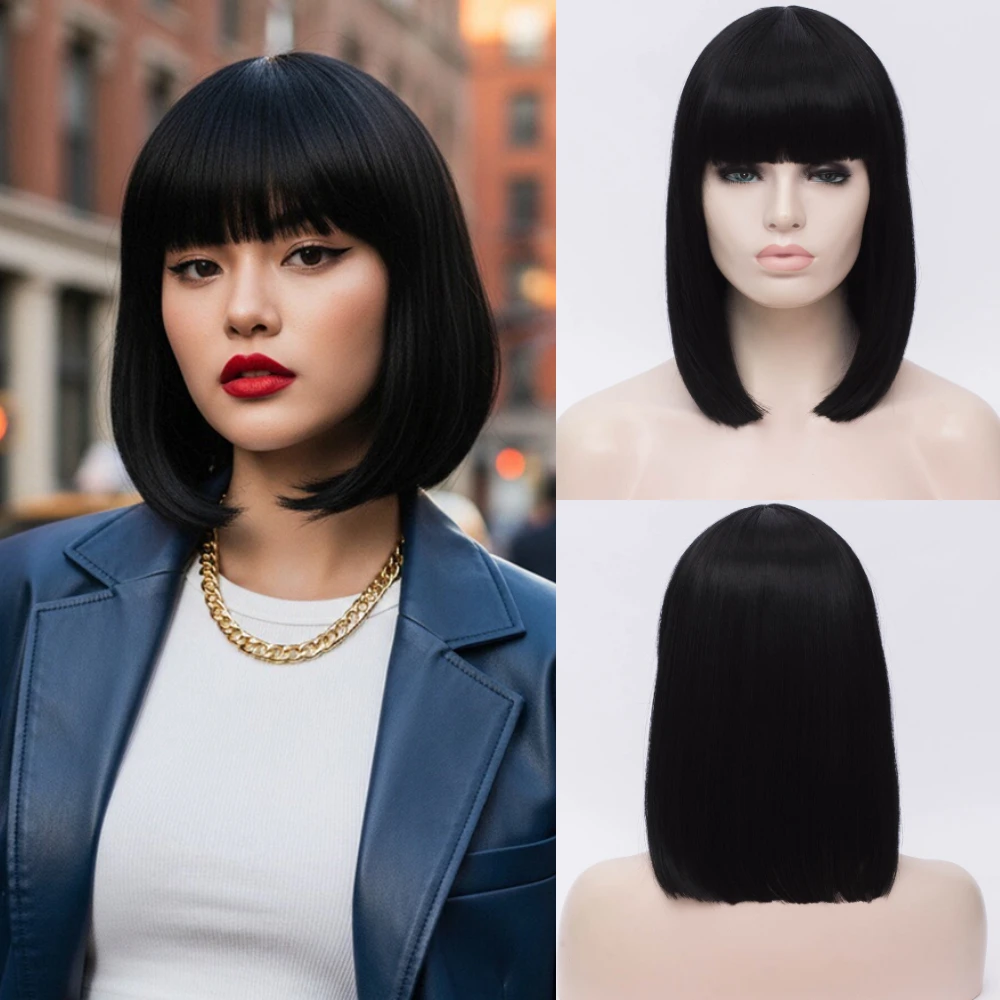 12-Zoll-hitzebeständige synthetische Bob-Perücke mit Pony, realistische schwarze Alltagsperücke für Damen