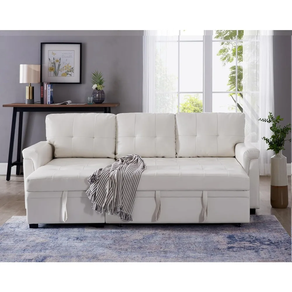 

Home L-Shaped Reversible Sectional Sofa, with Pull-Out Sleeper Bed and Storage Chaise, White Air Leather