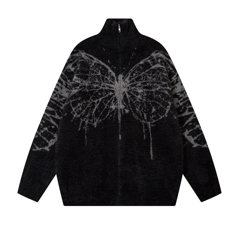 Butterfly Jacquard Zipper Cardigan Men's Sweaters Mink Hair Soft Winter Couples Turtleneck Sweater Oversize Knitwear Men's Coats