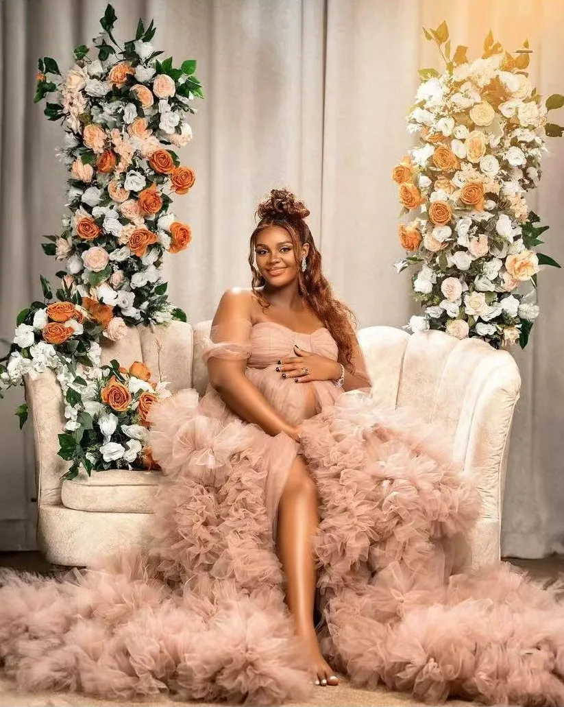 Vestidos de maternidade de tule com babados inchados para sessões de fotos, robe de tule fofo, vestidos de baile de noiva, vestido longo em camadas elegante