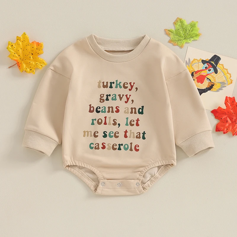 

Thanksgiving Turkey Print Long Sleeve Romper Infant Fall Jumpsuit Crew Neck Bodysuit Newborn Autumn Outfit with Colorful Letters