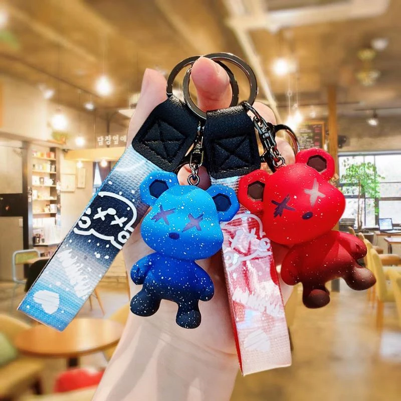 Cute Cartoon Gradient Color Bear Key Chain Starry Sky Lanyard Car Keychain Couple Friends Gift Bag Charms Korea Fashion Keyring